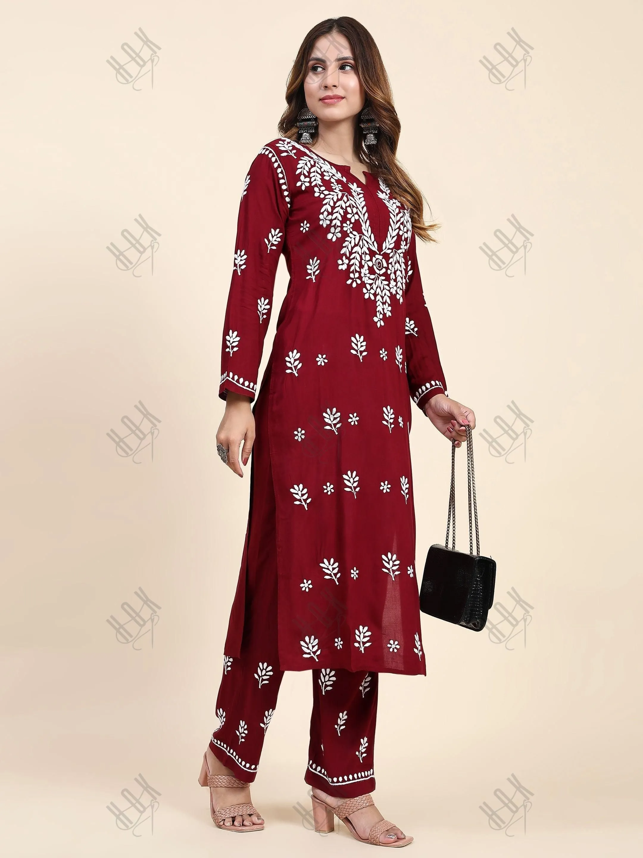 Urmi in Fizaa Chikankari  Long Modal Kurta Set - Maroon