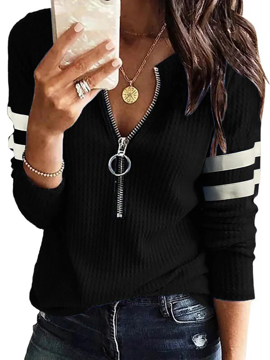 V-Neck Zipper Splicing Long Sleeve T-shirt(6 colors)