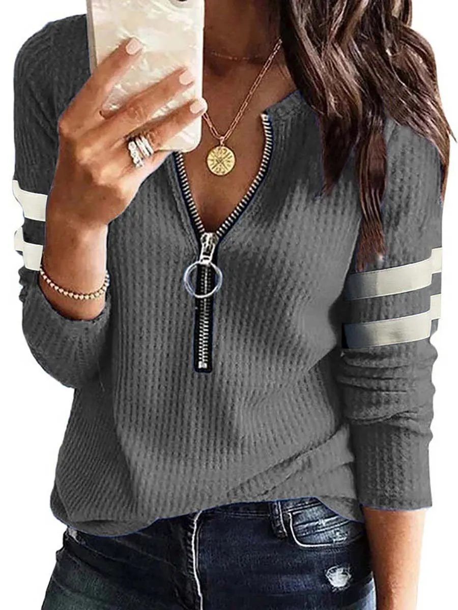 V-Neck Zipper Splicing Long Sleeve T-shirt(6 colors)