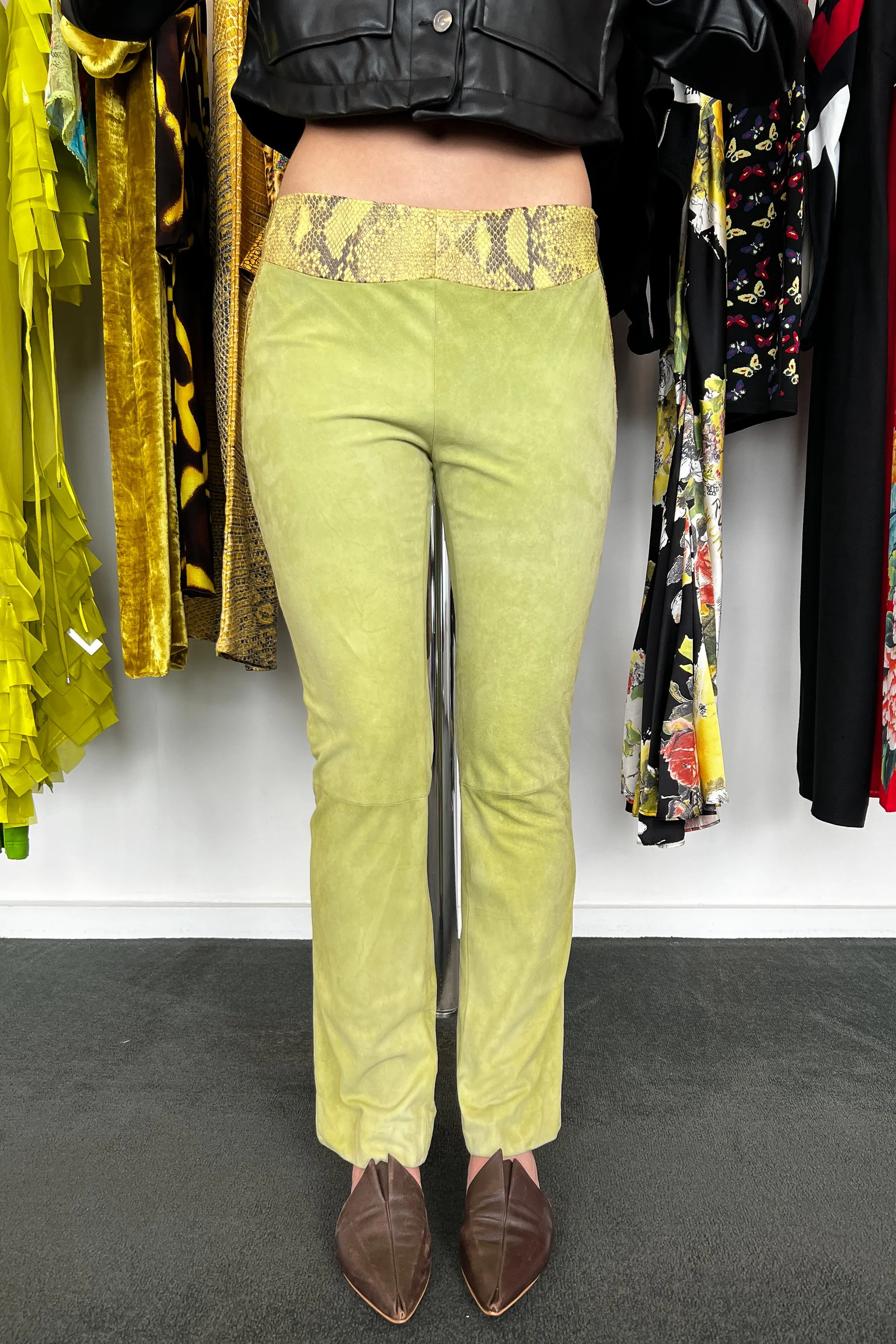 VERSACE GREEN SUEDE &amp; LEATHER PANTS