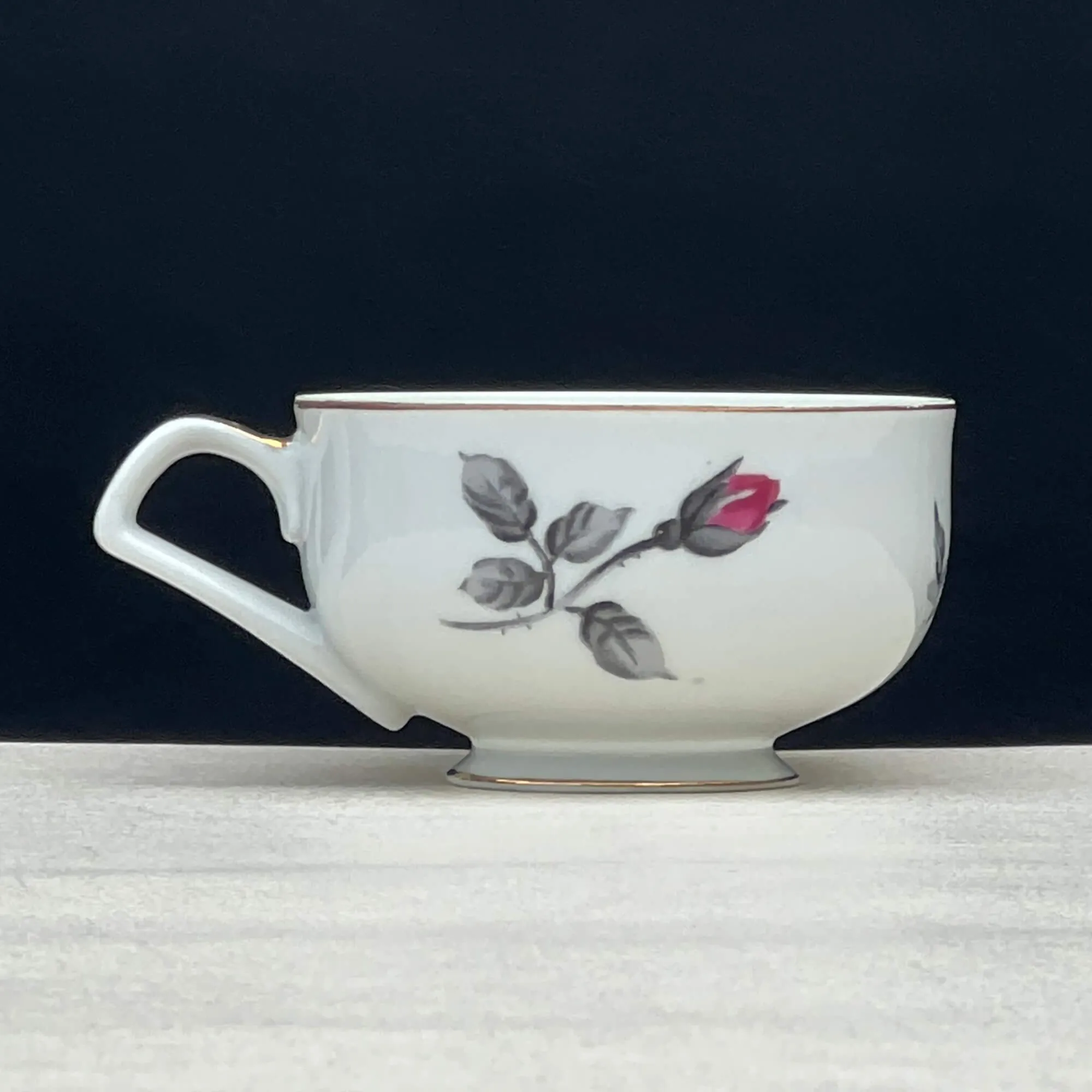 Vintage Pink Rose and Gray Leaf Bone China Teacup, Coffee Cup