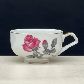 Vintage Pink Rose and Gray Leaf Bone China Teacup, Coffee Cup