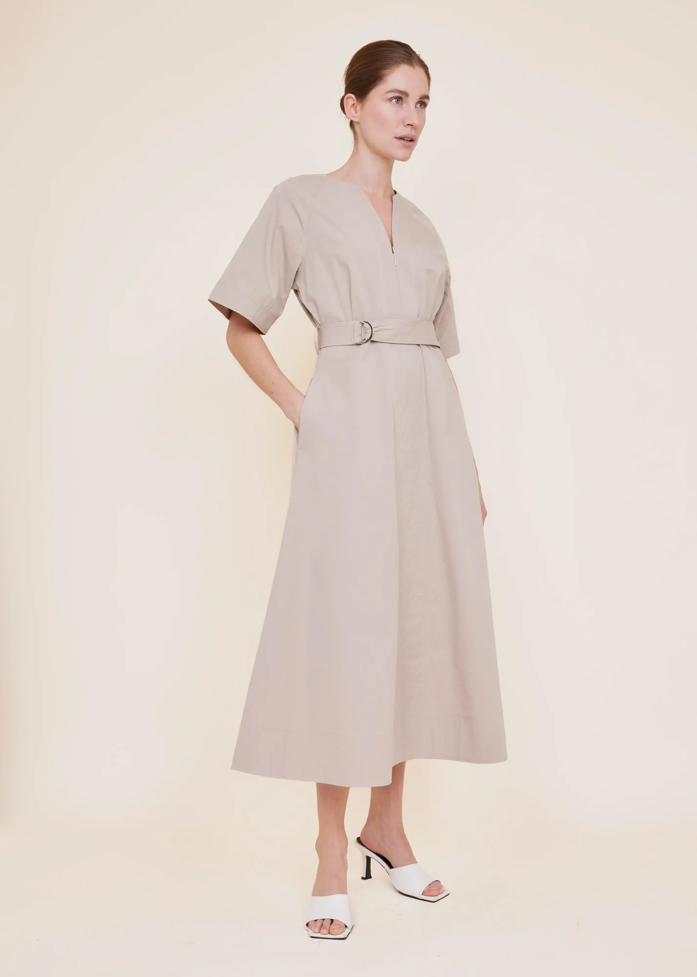 Waist belted cotton dress