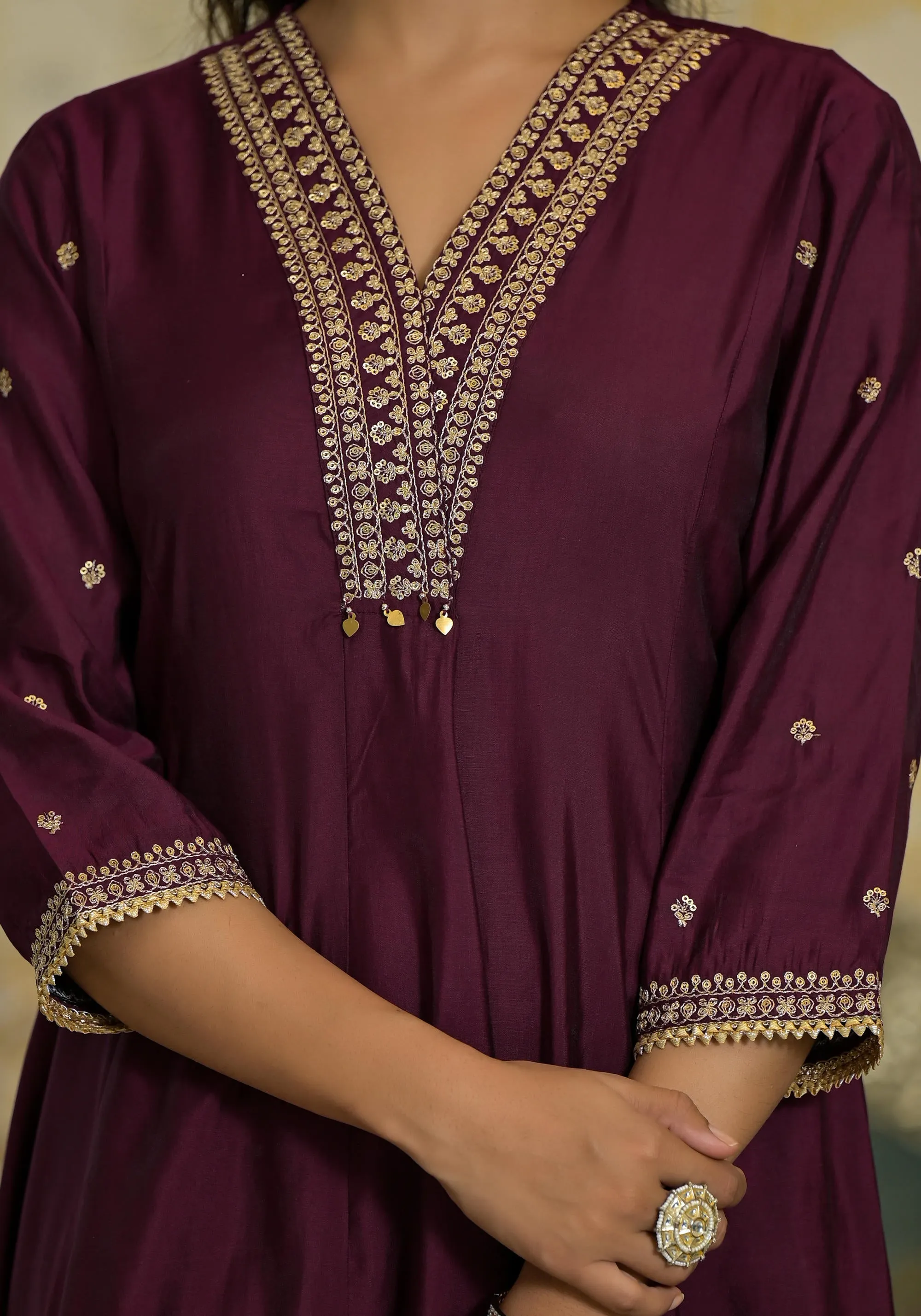 Wine Zari Embroidered Viscose Kurta Pant And Dupatta Set With Sequins & Lace