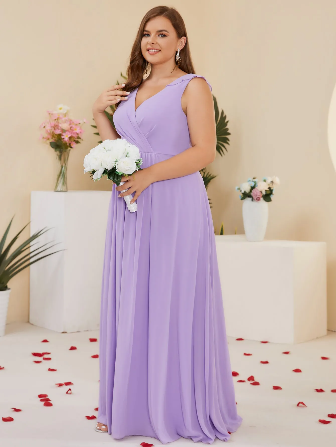 Women Plus Size Ruffle V-neck Chiffon Bridesmaid Dresses