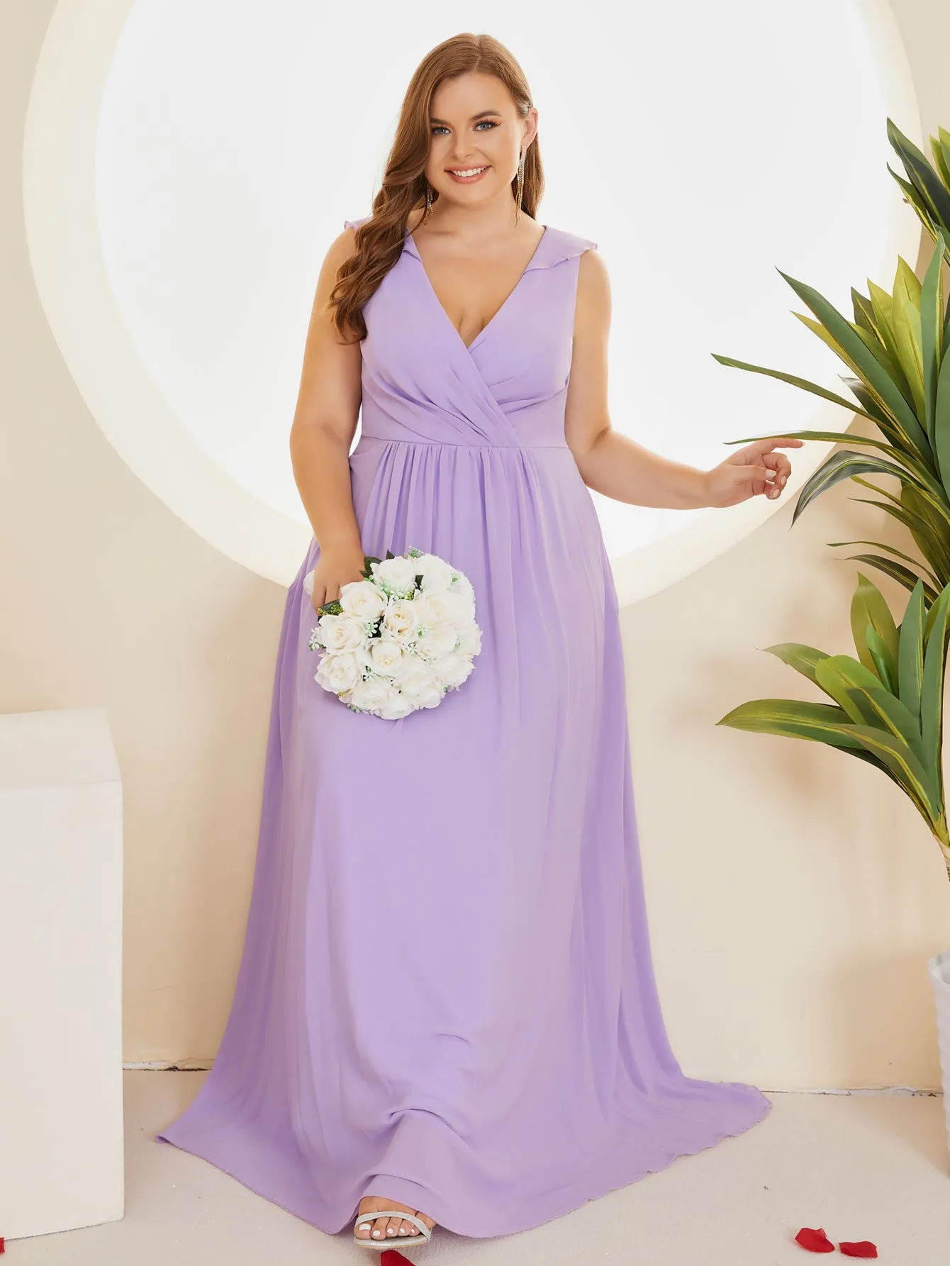 Women Plus Size Ruffle V-neck Chiffon Bridesmaid Dresses