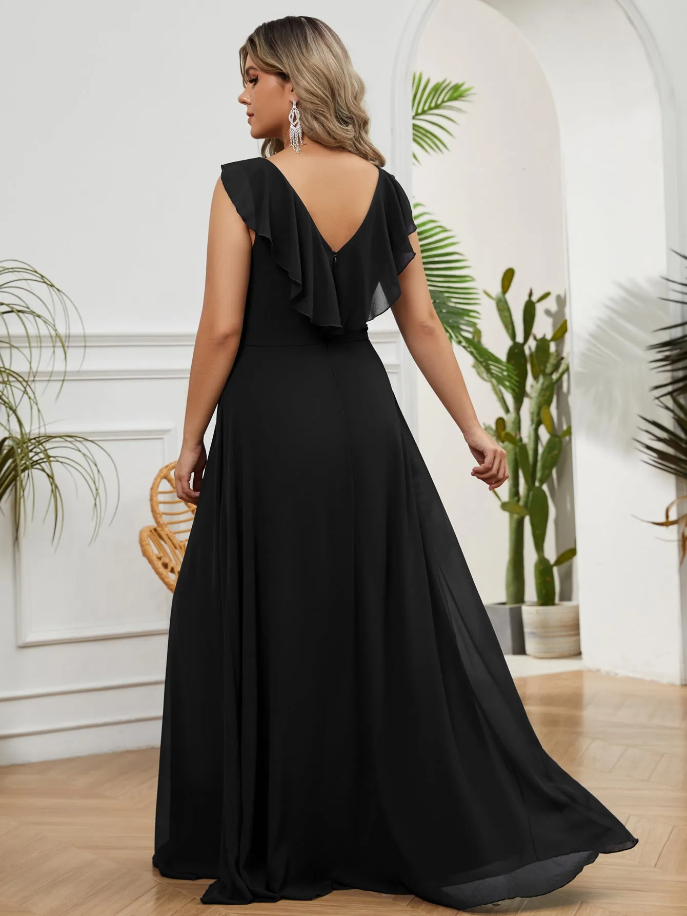 Women Plus Size Ruffle V-neck Chiffon Bridesmaid Dresses