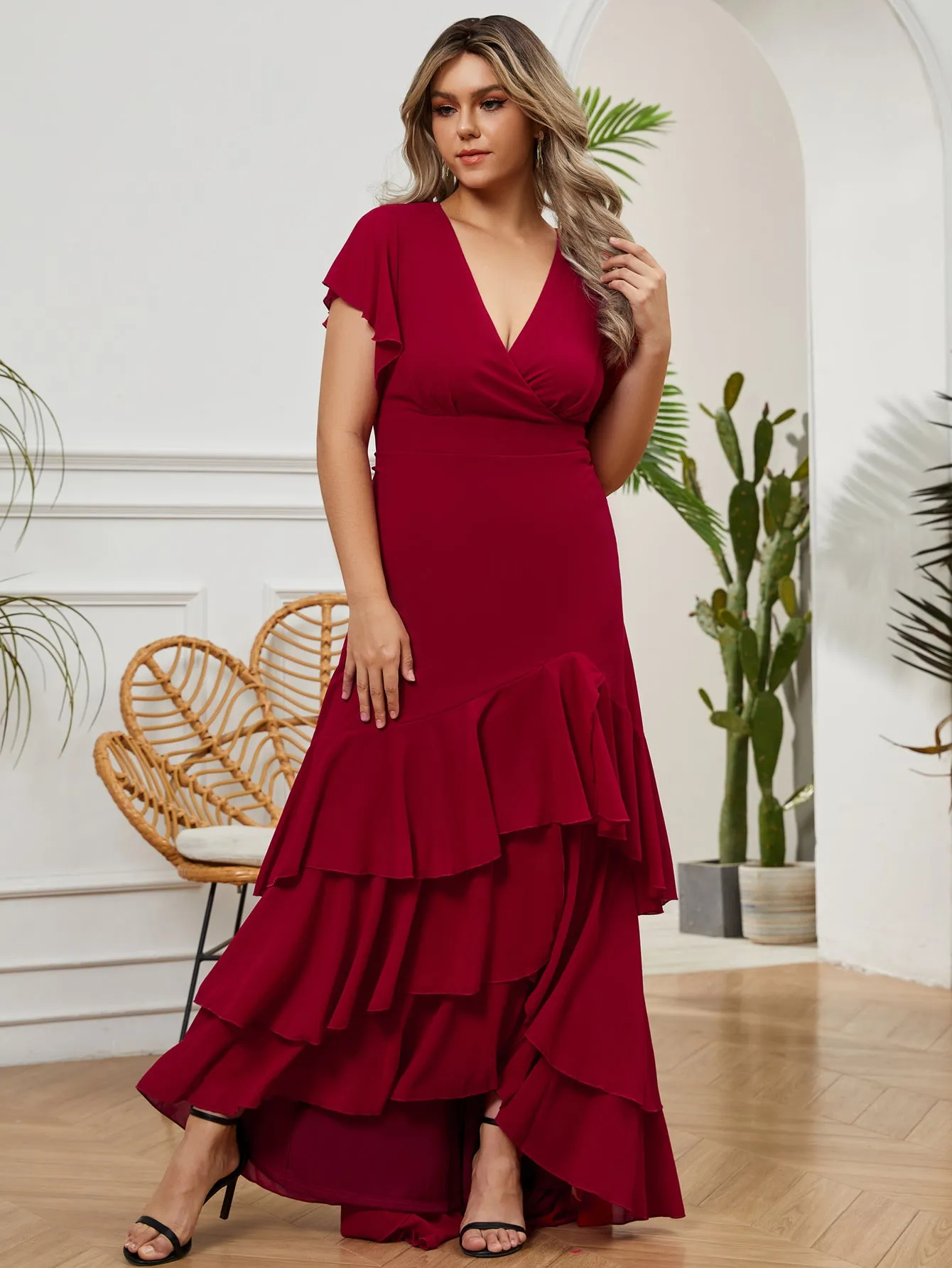 Women Plus Size Ruffle V-neck Chiffon Mother of Bridal Dresses