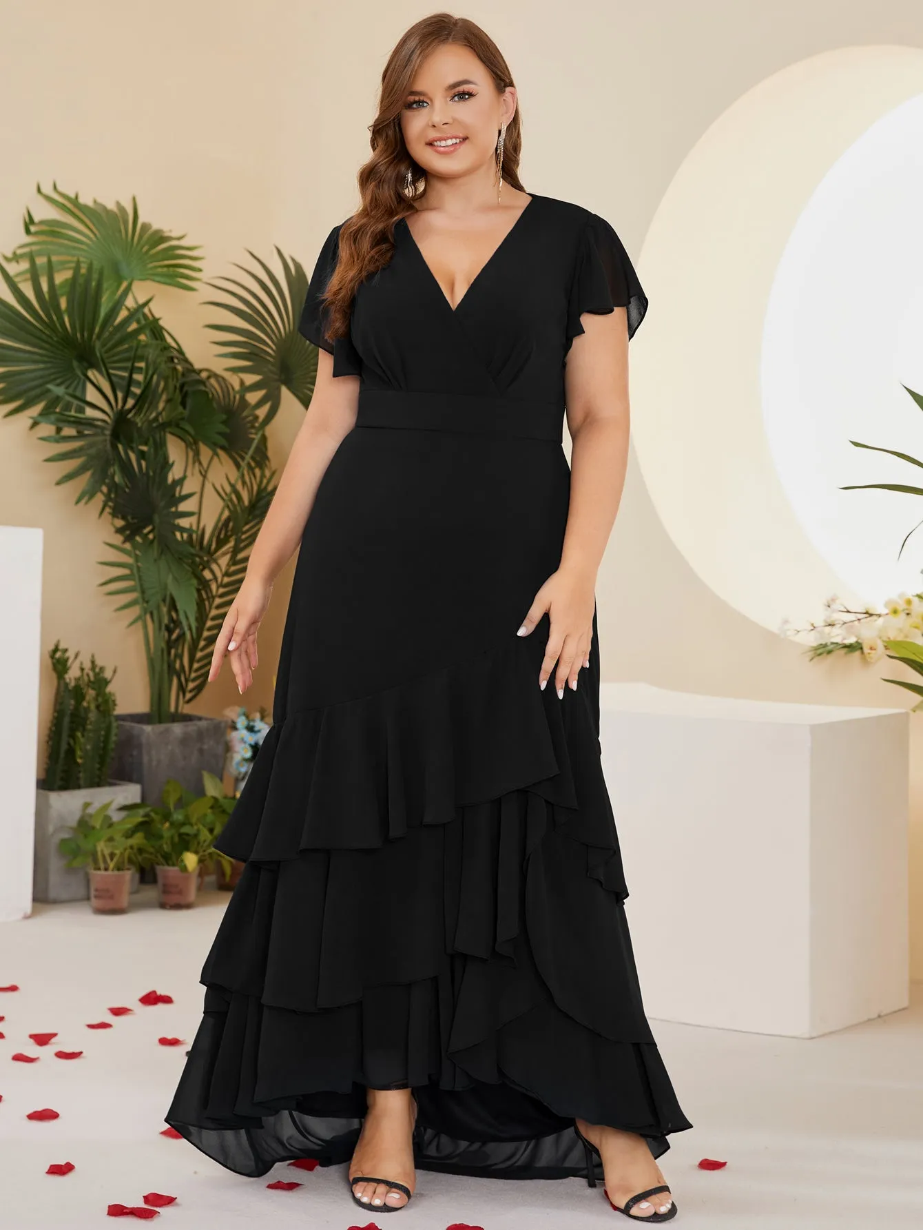 Women Plus Size Ruffle V-neck Chiffon Mother of Bridal Dresses