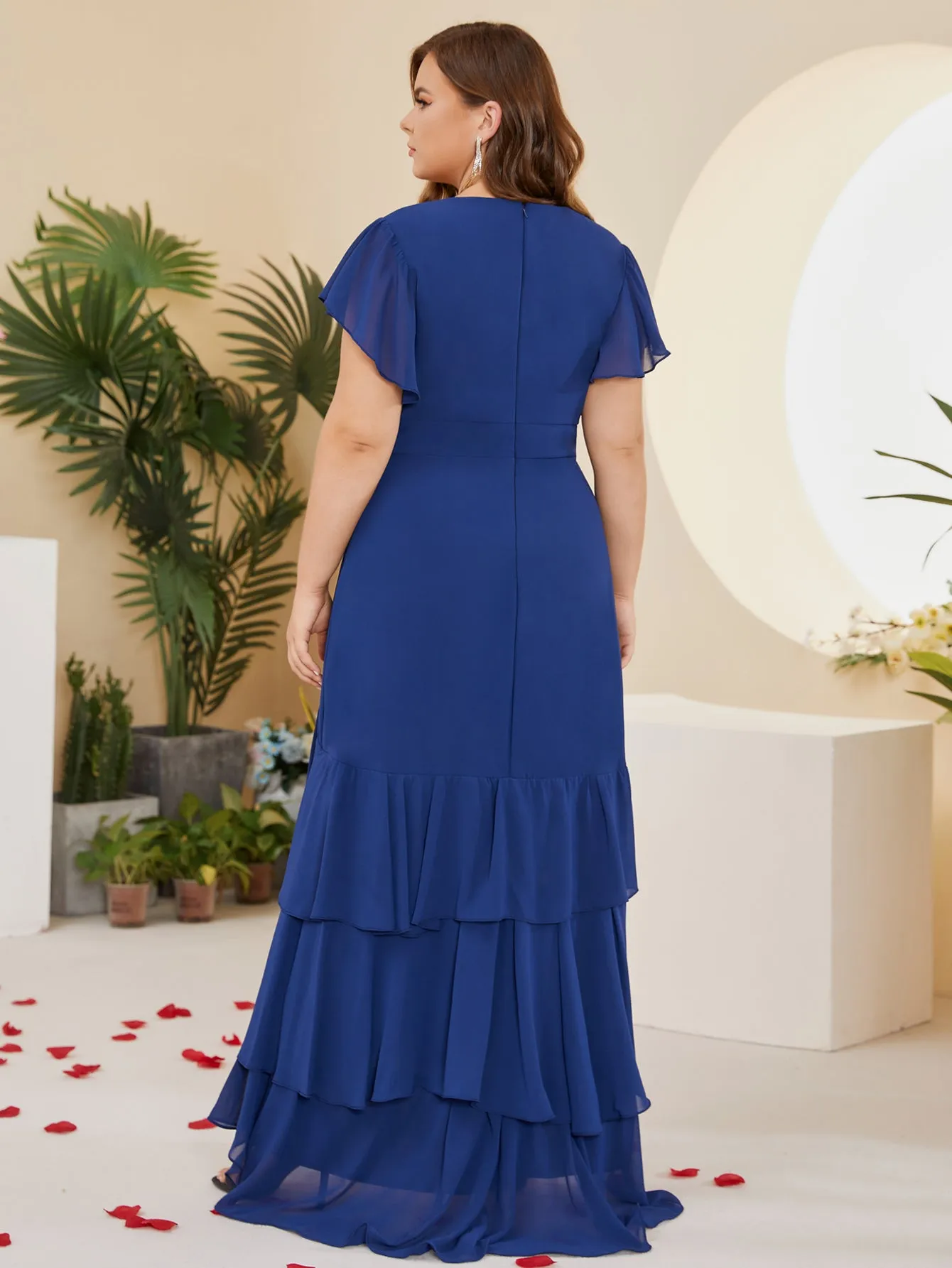 Women Plus Size Ruffle V-neck Chiffon Mother of Bridal Dresses