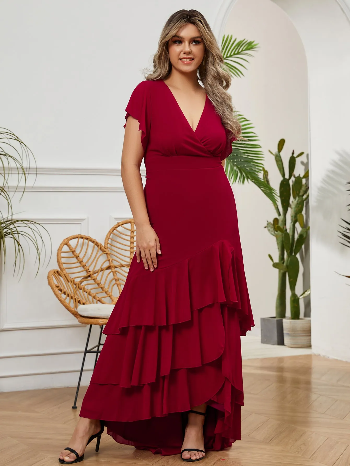 Women Plus Size Ruffle V-neck Chiffon Mother of Bridal Dresses