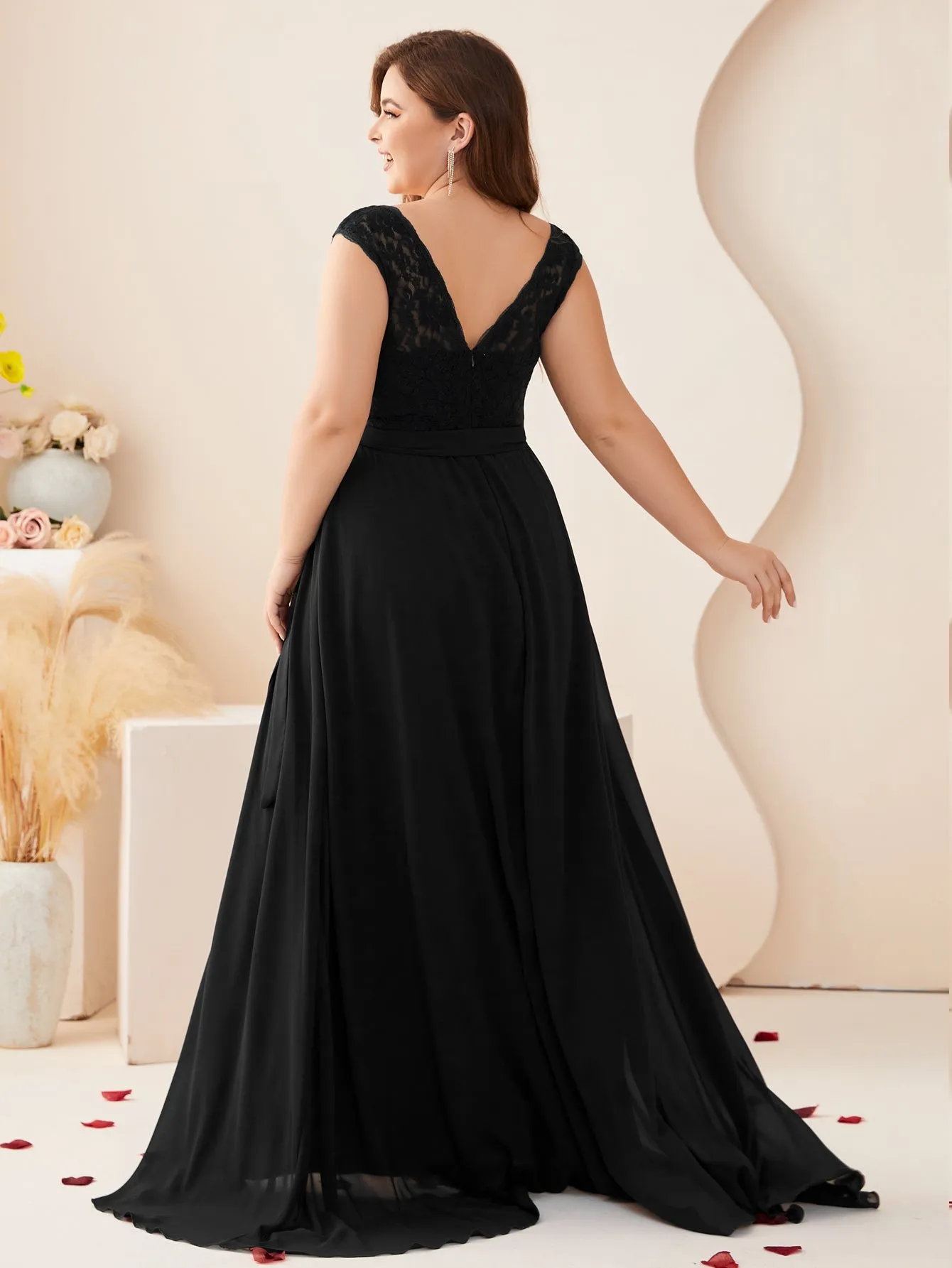 Women Plus Size Sweet Heart Neck Floral Lace Chiffon Split Thigh Bridesmaid Dresses