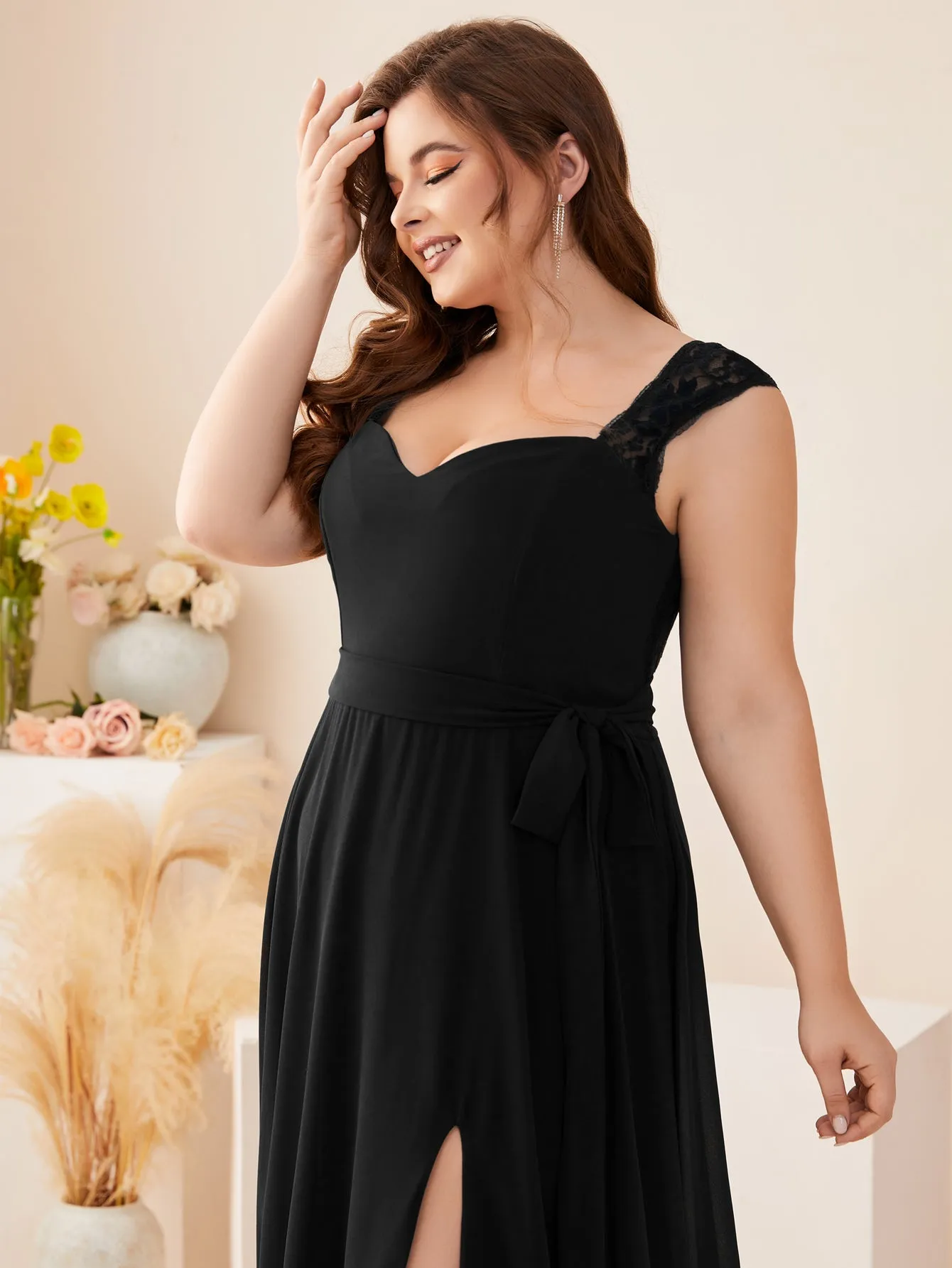 Women Plus Size Sweet Heart Neck Floral Lace Chiffon Split Thigh Bridesmaid Dresses