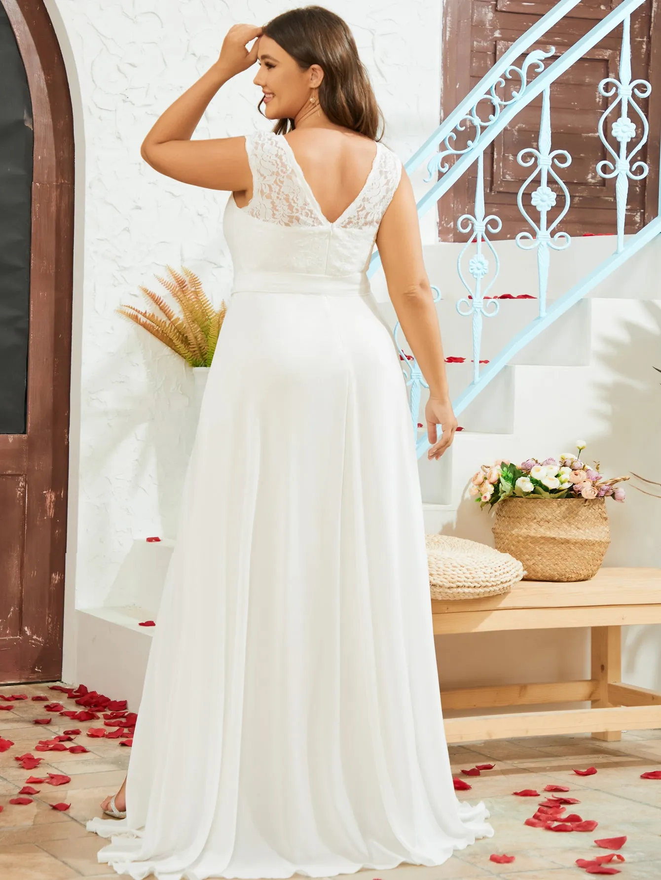 Women Plus Size Sweet Heart Neck Floral Lace Chiffon Split Thigh Bridesmaid Dresses