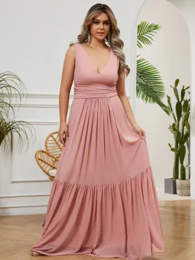 Women Plus Size V-neck Sleeveless Chiffon Long Formal Bridesmaid Dresses