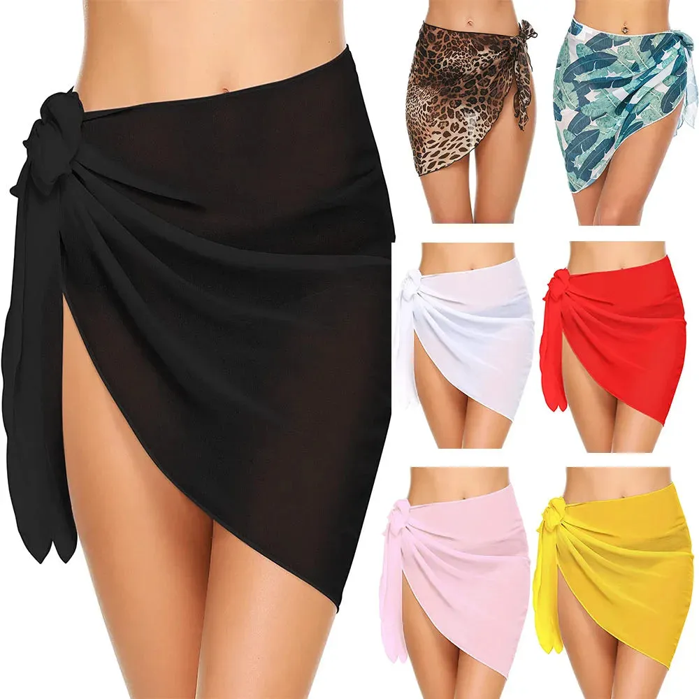 Women Short Sarongs Swimsuit Coverups Beach Bikini Wrap Sheer Short Skirt Chiffon Scarf Cover Ups for Swimwear