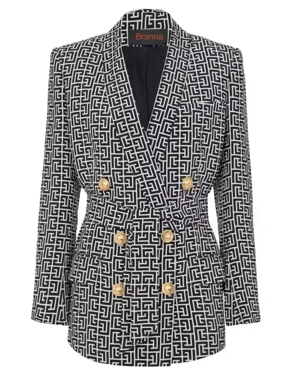 Women’s Belted Black and White Monogram Double-Breasted Blazer and Pant Suit