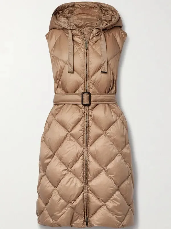 Women’s Belted Diamond-Quilted Hooded Long Vest Coat