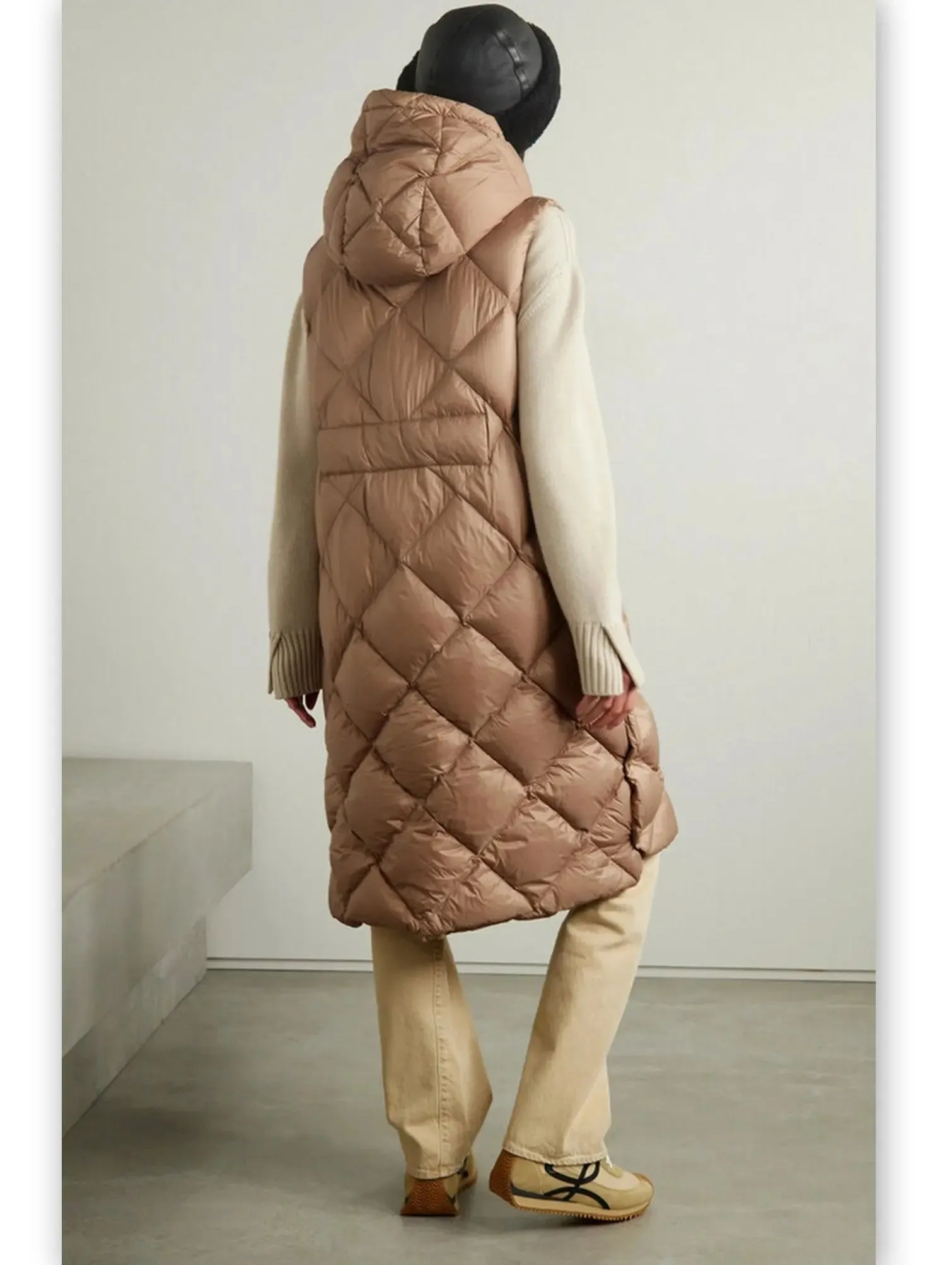 Women’s Belted Diamond-Quilted Hooded Long Vest Coat