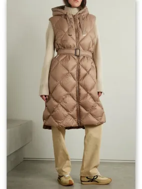 Women’s Belted Diamond-Quilted Hooded Long Vest Coat