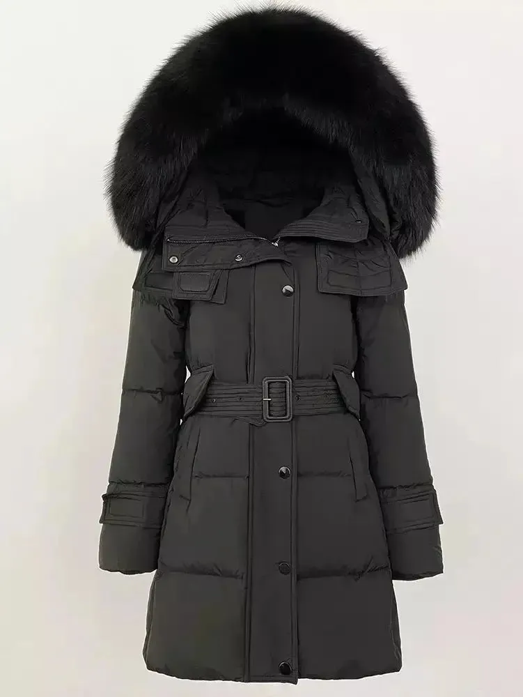 Women’s Belted Fur-Hooded Down Coat in Black