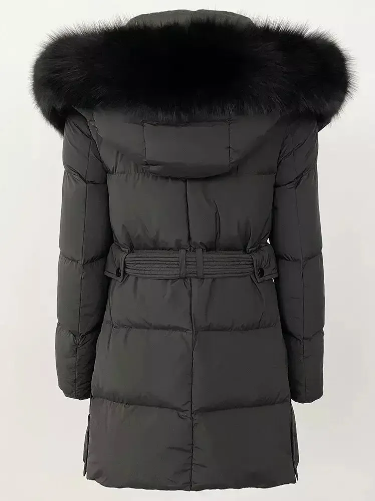 Women’s Belted Fur-Hooded Down Coat in Black