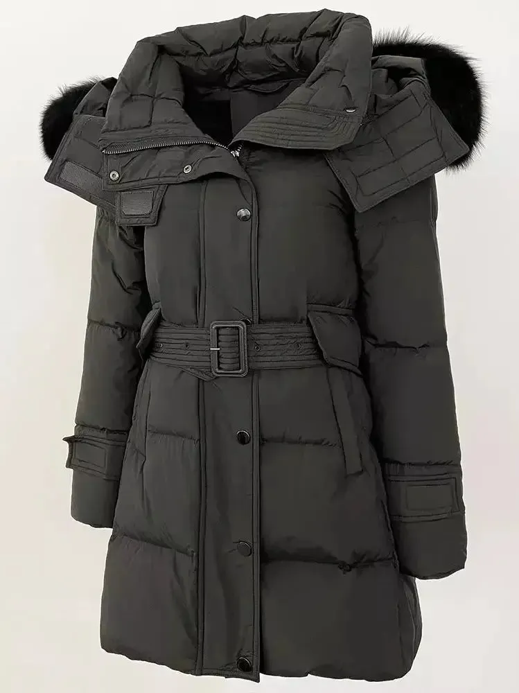 Women’s Belted Fur-Hooded Down Coat in Black