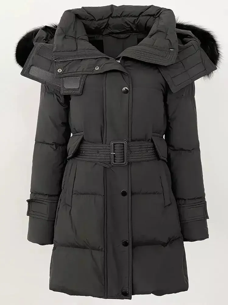 Women’s Belted Fur-Hooded Down Coat in Black