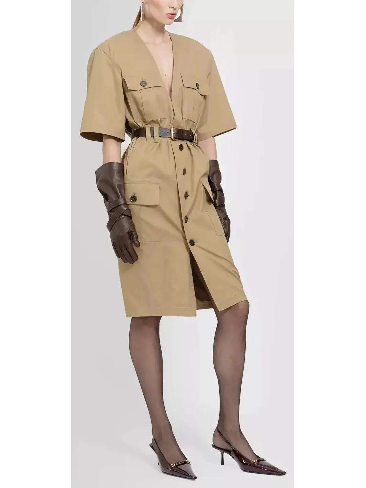 Women’s Belted Saharienne Safari Dress in Cotton Twill