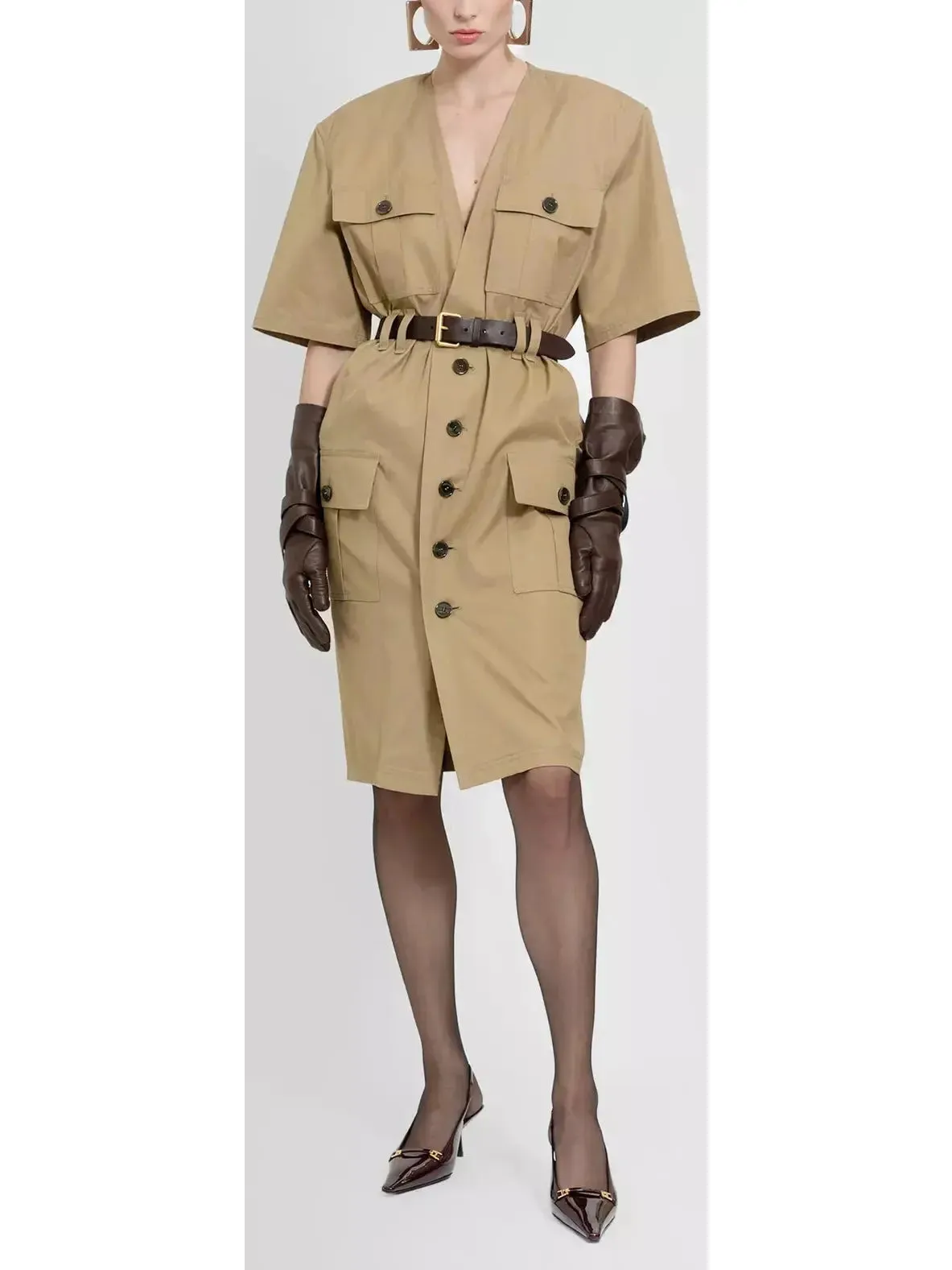 Women’s Belted Saharienne Safari Dress in Cotton Twill