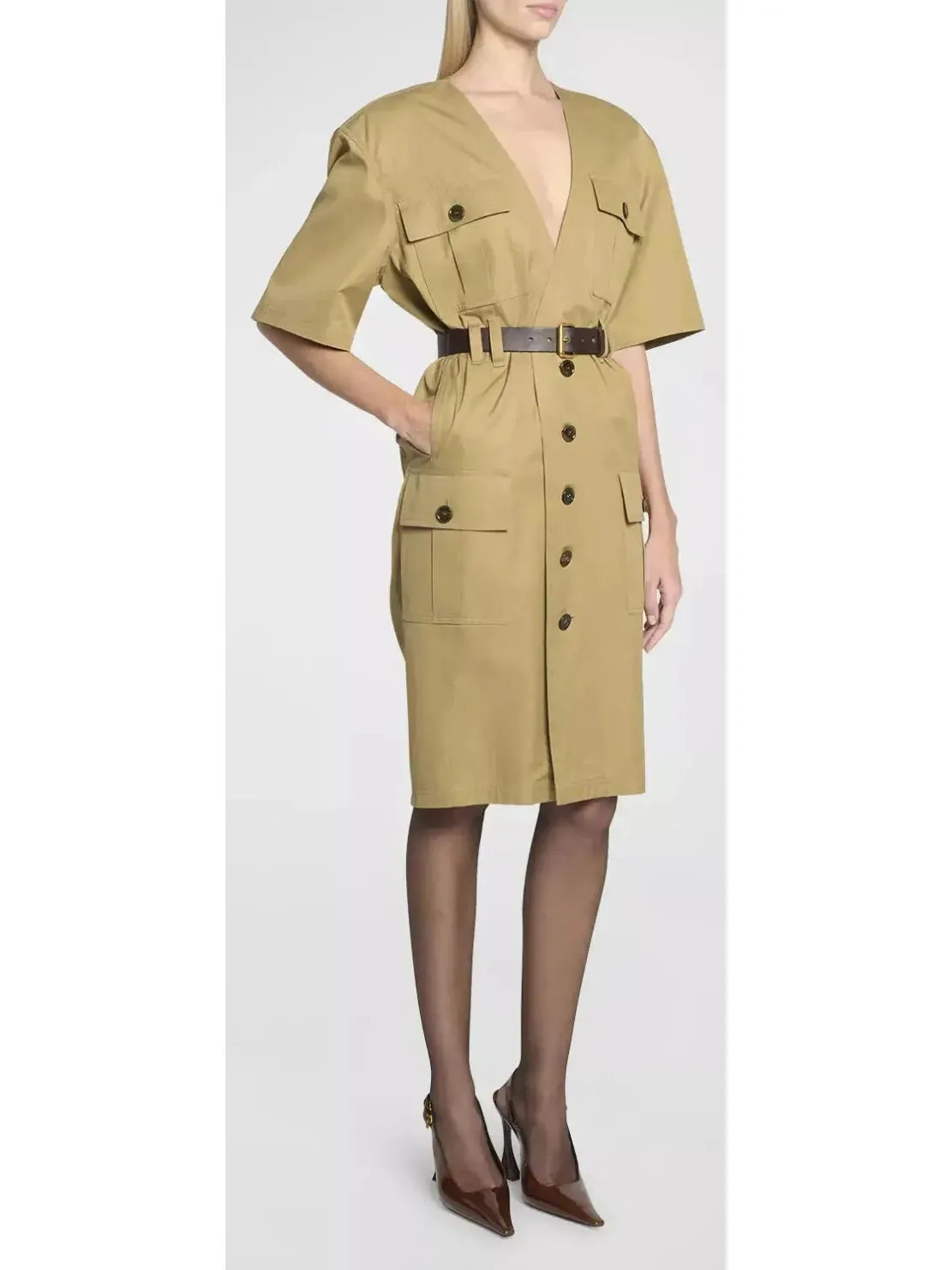 Women’s Belted Saharienne Safari Dress in Cotton Twill