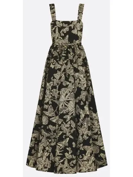 Women’s Black Technical Jacquard with Gold-Tone Allover Butterfly Motif Belted Dress