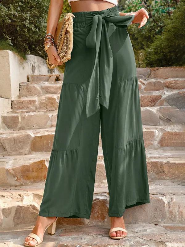 Women's Casual Loose Wide Leg Trousers With Waist Tie Detail