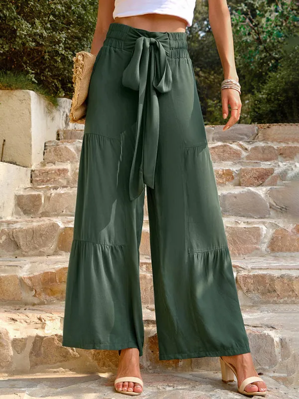 Women's Casual Loose Wide Leg Trousers With Waist Tie Detail